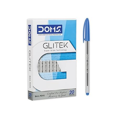 Doms Glitek 0.6mm Ballpoint Pens | Pack of 20 Pens | Smooth Writing Fine Tip Ball Pen | Best Pens for Students (Exams & Notes), Office & School Use (Blue)
